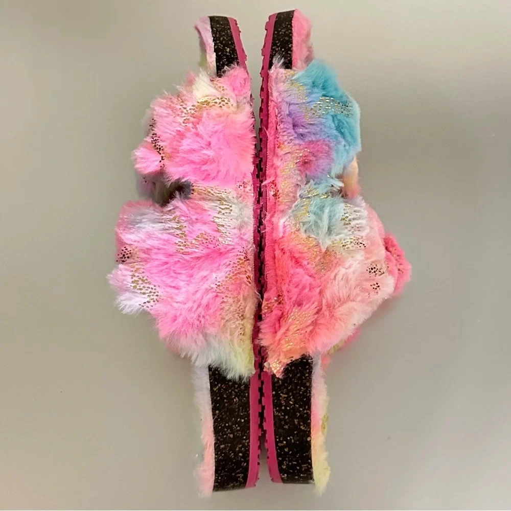 Cozy Pastel Rainbow Fuzzy Double-Strap Slip-On Slides Soft Plush Sandals Sz 4–5
